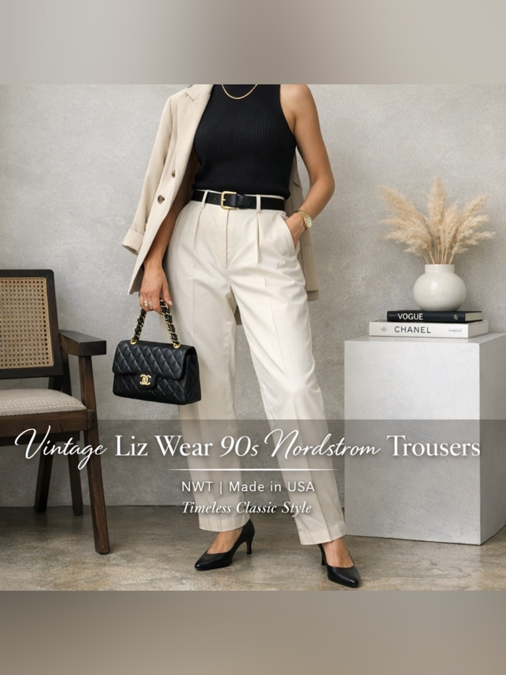 Liz Wear Cream High-Waist Pleated Trousers Size 14